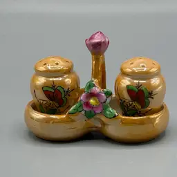 Japan Peach Luster Ware Butterfly Salt & Pepper Shakers w/ Floral Caddy