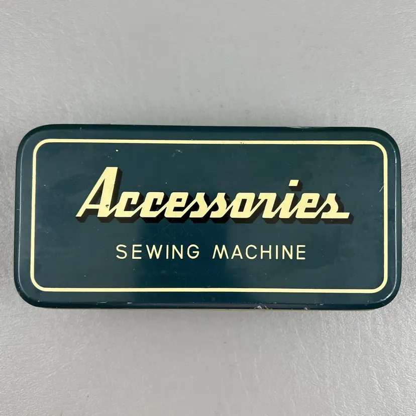 Sewing Machine Accessory Blue Metal Box Hinged Lid Vintage Contents Inside Bonus