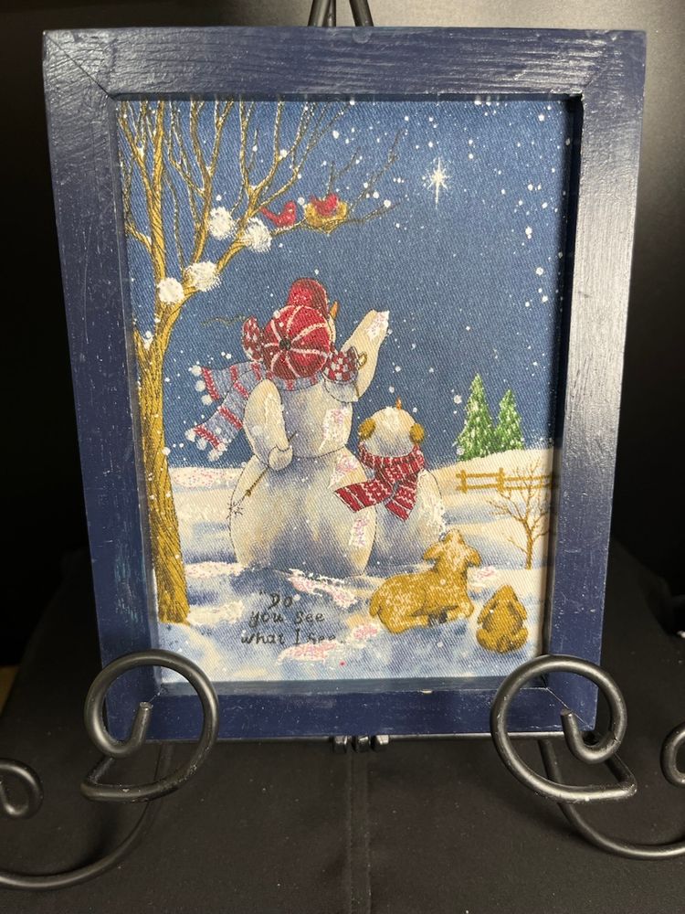 Framed Denim Fabric w/ "Do You See What I See" Snowmen & Night Sky-Beautifully Accented-Lot60