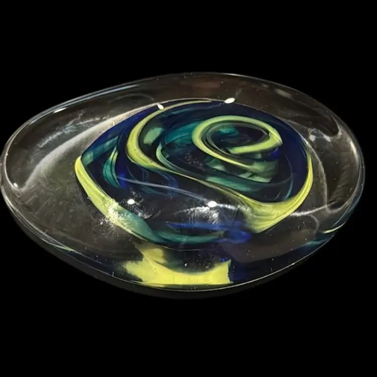 Art Glass Oval Blue/Yellow Swirl Paperweight Czech Republic