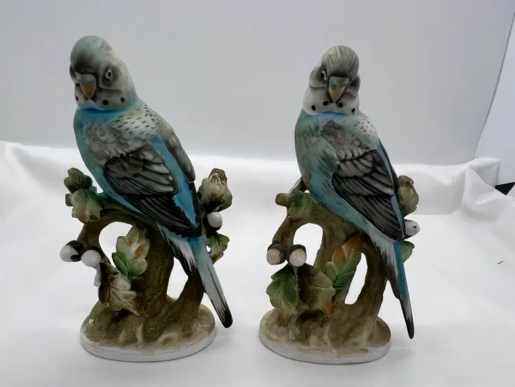 Pair Of Vintage Lefton Hand Painted Porcelain Blue Parakeets KW464
