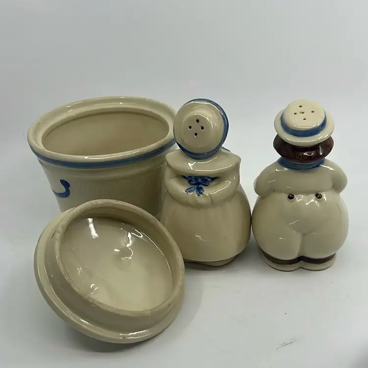 Vintage Original Shawnee Pottery Dutch Boy Girl Large 5" Salt & Pepper Set With Lidded Butter Crock Grease Bowl 5.5”