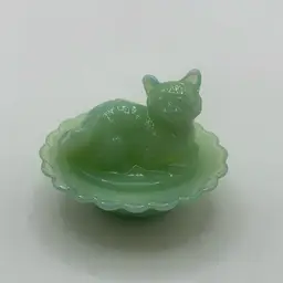 Mosser Glass Jadeite Mini Cat On A Nest Salt Cellar, 3” Wide x 2-1/2” High