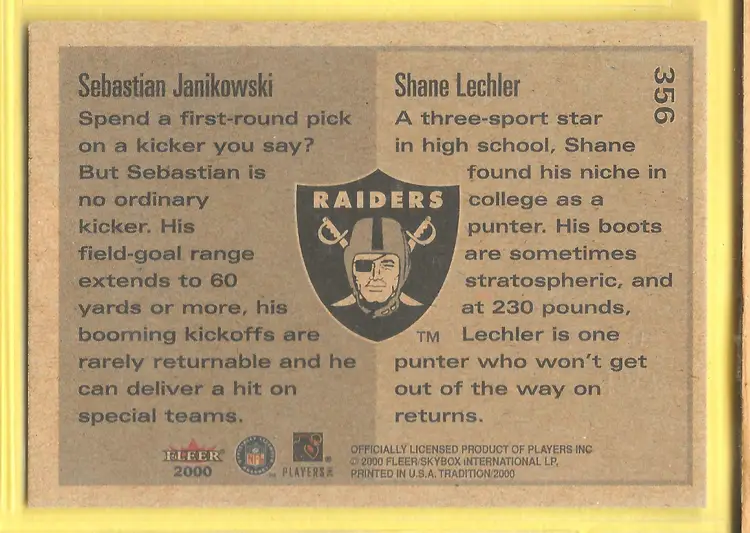 2000 Fleer Tradition #356 Sebastian Janikowski / Shane Lechler RC Raiders Rookie