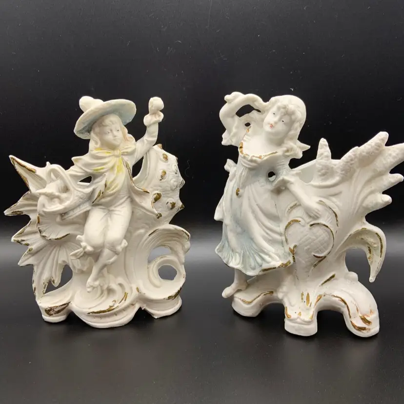 2 Antique German Carl Schneider Bisque Porcelain Young Boy & Girl Figurines / Planters/Vases