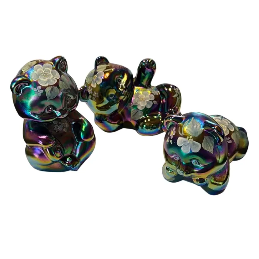 Rare Matched Set Fenton Carnival Glass Iridescent Plum Handpainted Bears - Set Of 3 - All Numbered #352/1250 - 3” Tall / Long