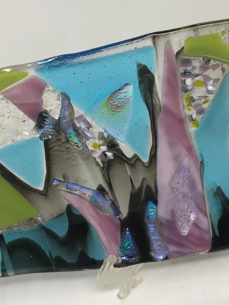 Cool Tone Fused Glass Rectangle Sushi Dish with Dichroic Shimmer Artist Signed
