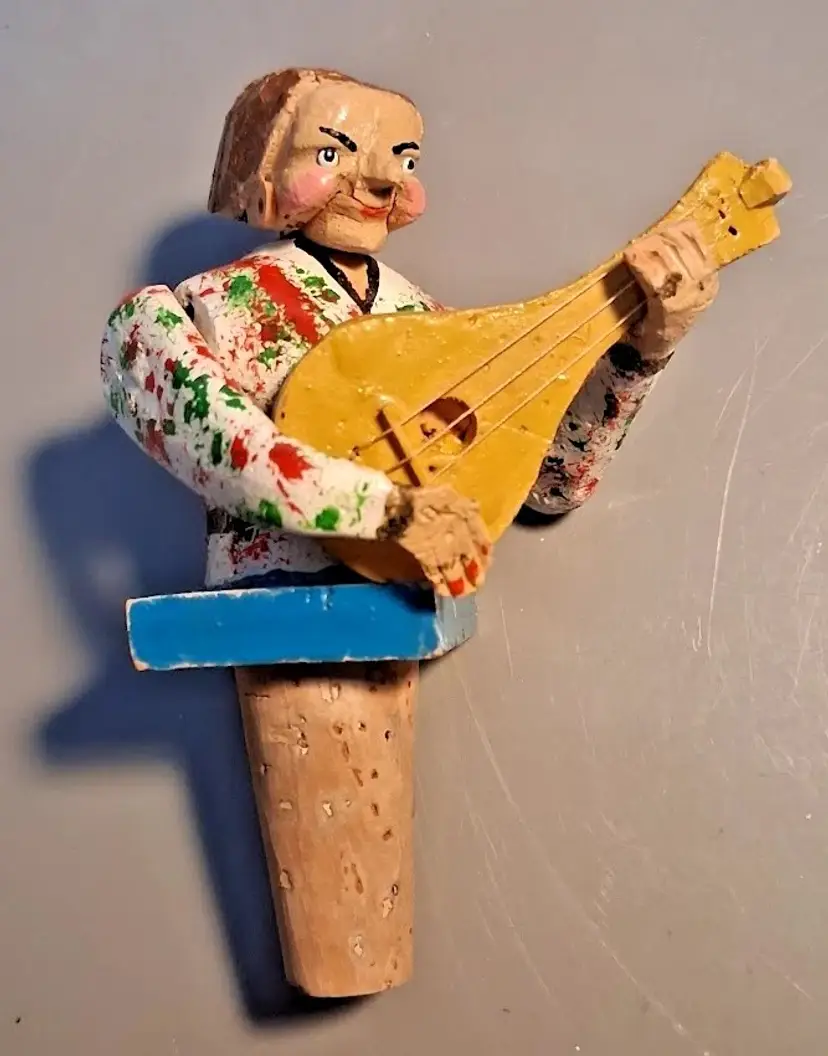 Vintage RARE Version, German Hand Carved, Painted, Woman Playing Mandolin Mechanical Wine Stopper