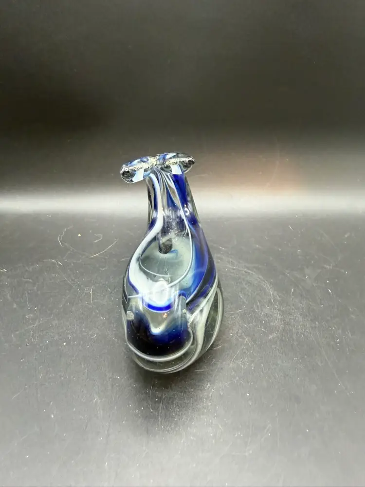 Vntage Hand-Blown Blue And White Glass Whale