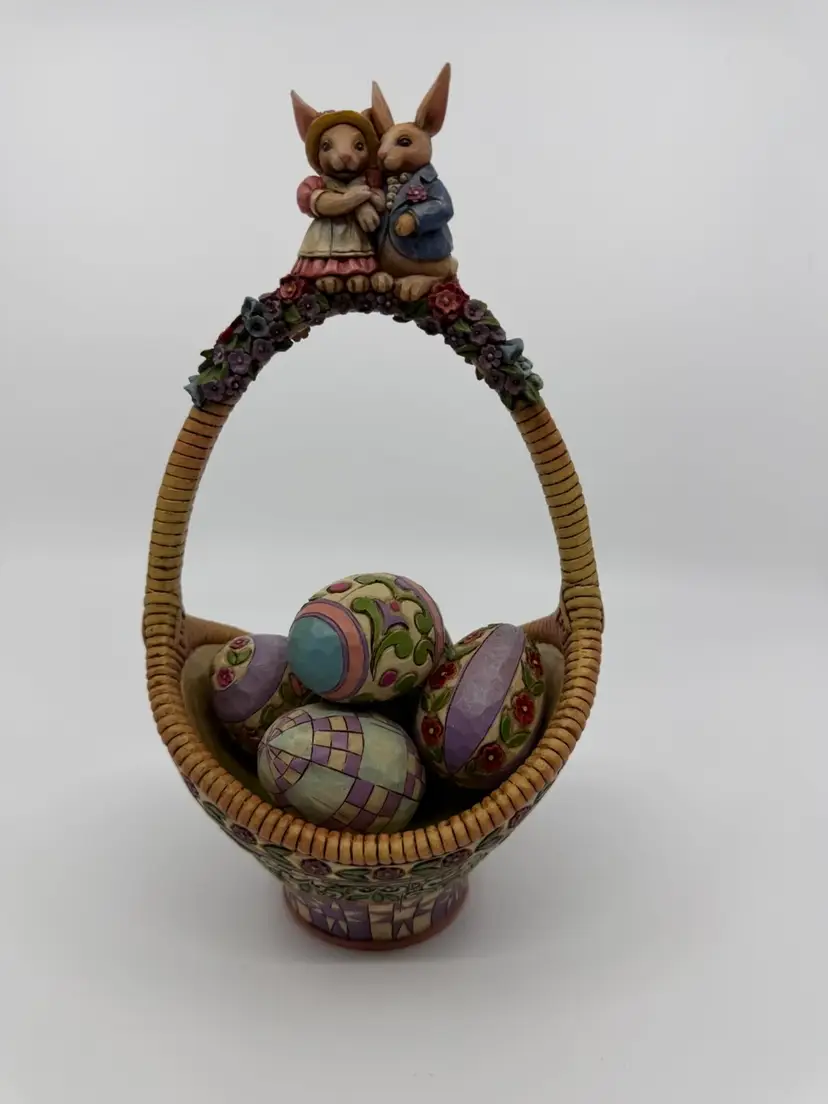 Jim Shore 2006 "Gathering Joy" Basket w/5 Eggs, Easter Rabbits