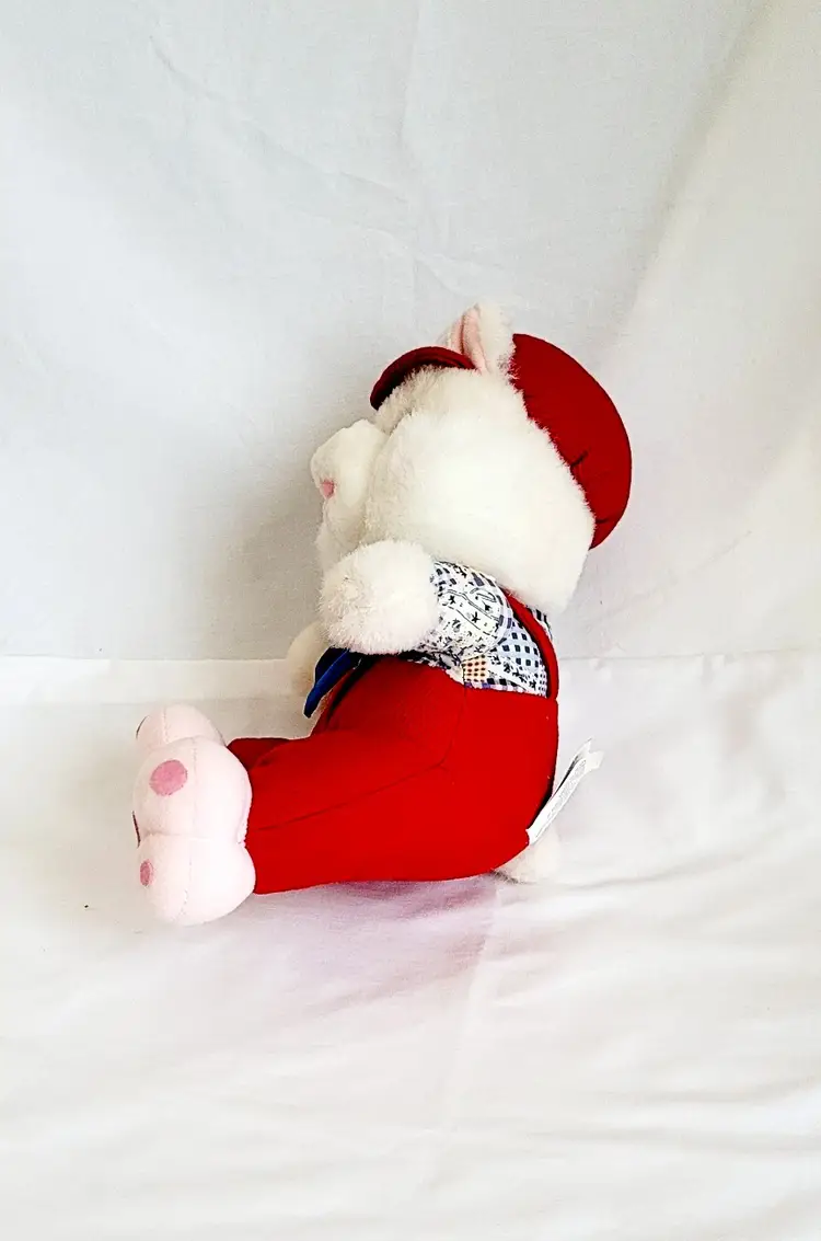White Plush Bear in Red Overalls & Blue Tie – Dressed Bear Toy