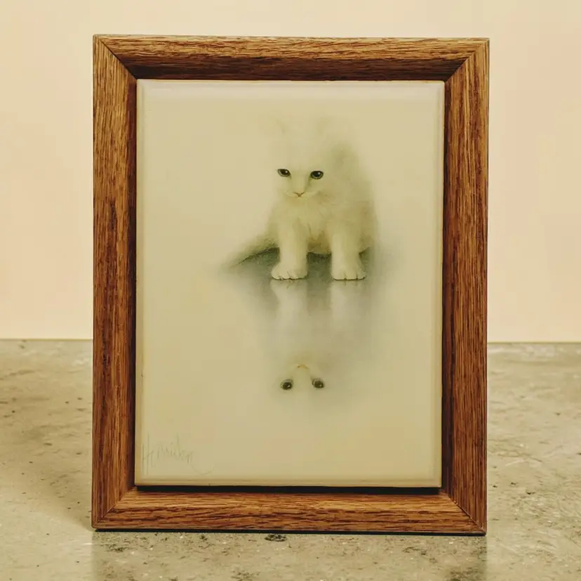 Bob Harrison I Can See Myself White Cat Ceramic Tile Wood Frame Standing 1980s