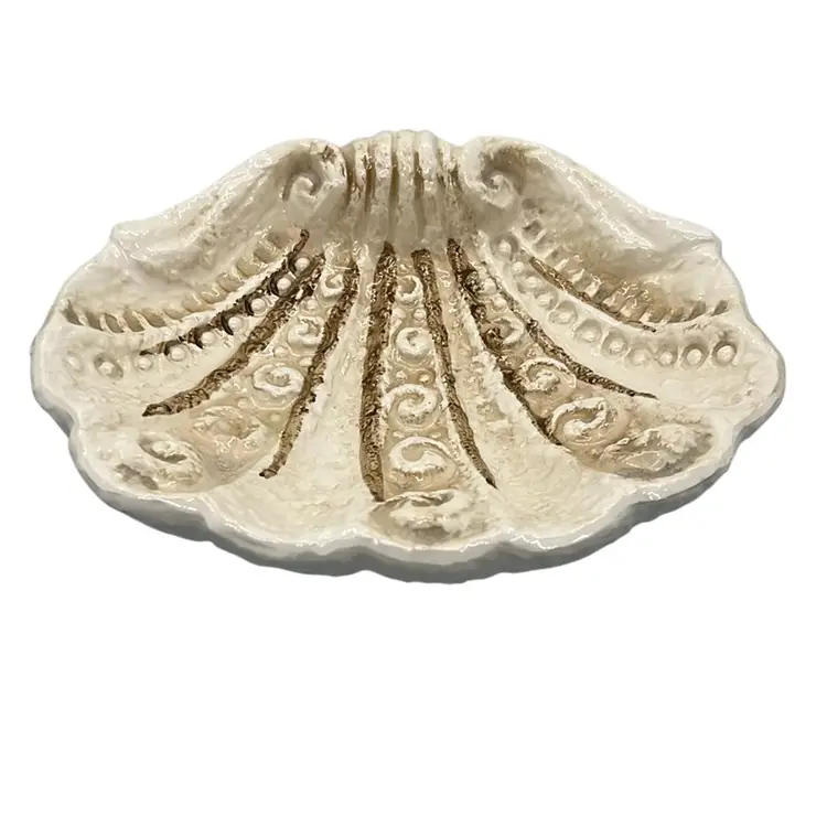 Vintage Brown & Cream Clam Seashell Shaped Glazed Serving Dish Bowl Footed