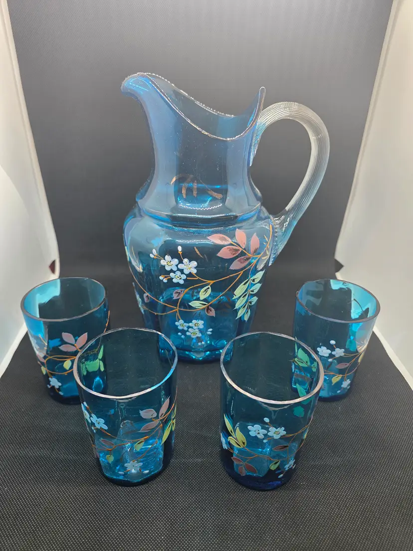 Hand blown pitcher and 4 cups hand painted enamel