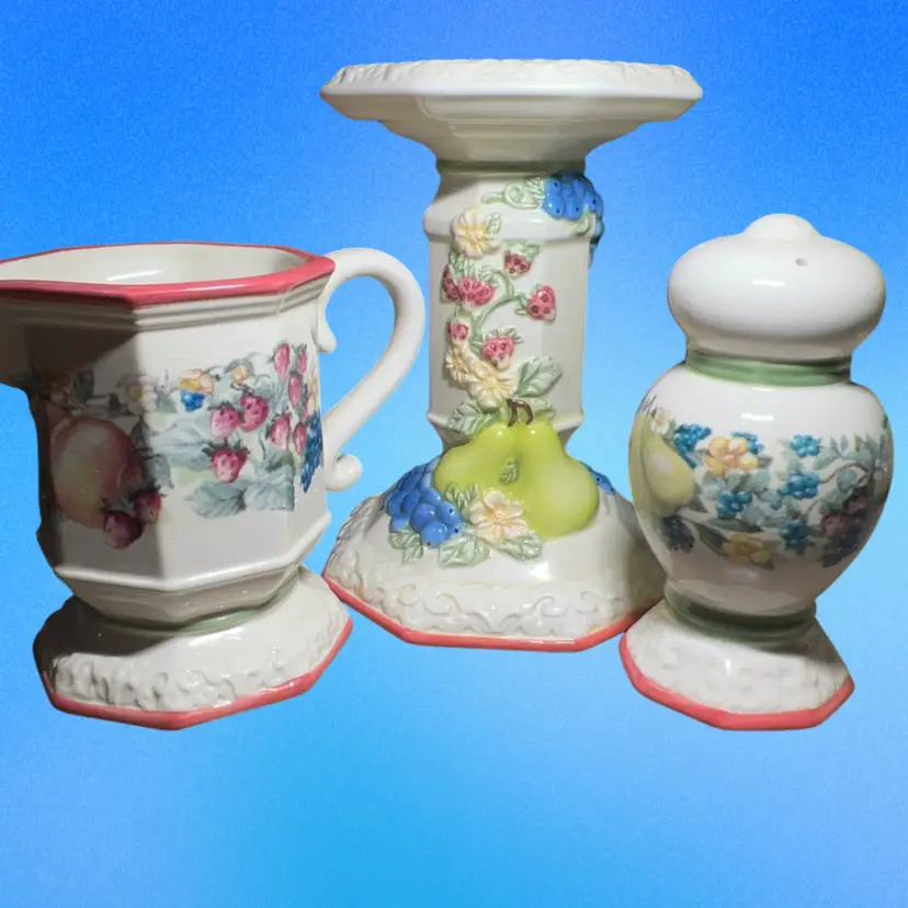 3 Pieces Of Avon “Sweet County Harvest”, Creamer, Shaker, Pedestal . Featuring Strawberries And Blueberries Cottage Core