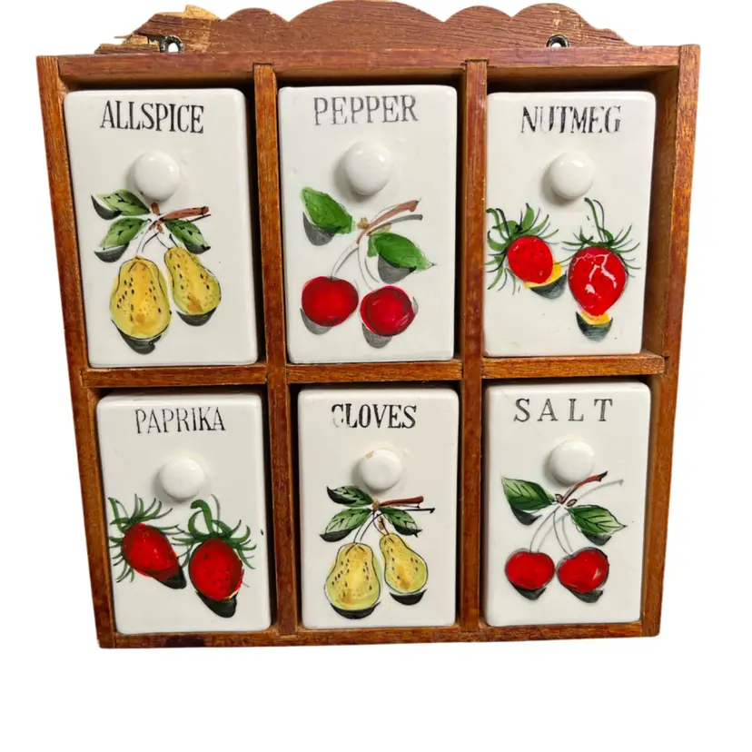 Vintage Ceramic Spice Shakers within Wooden Rack-Made in Japan