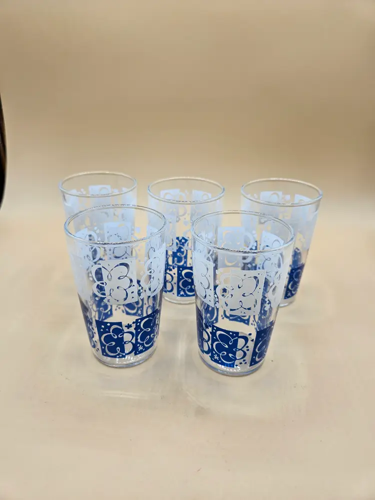 5 Hazel Atlas Blue White Floral 3.75"H Juice Glasses