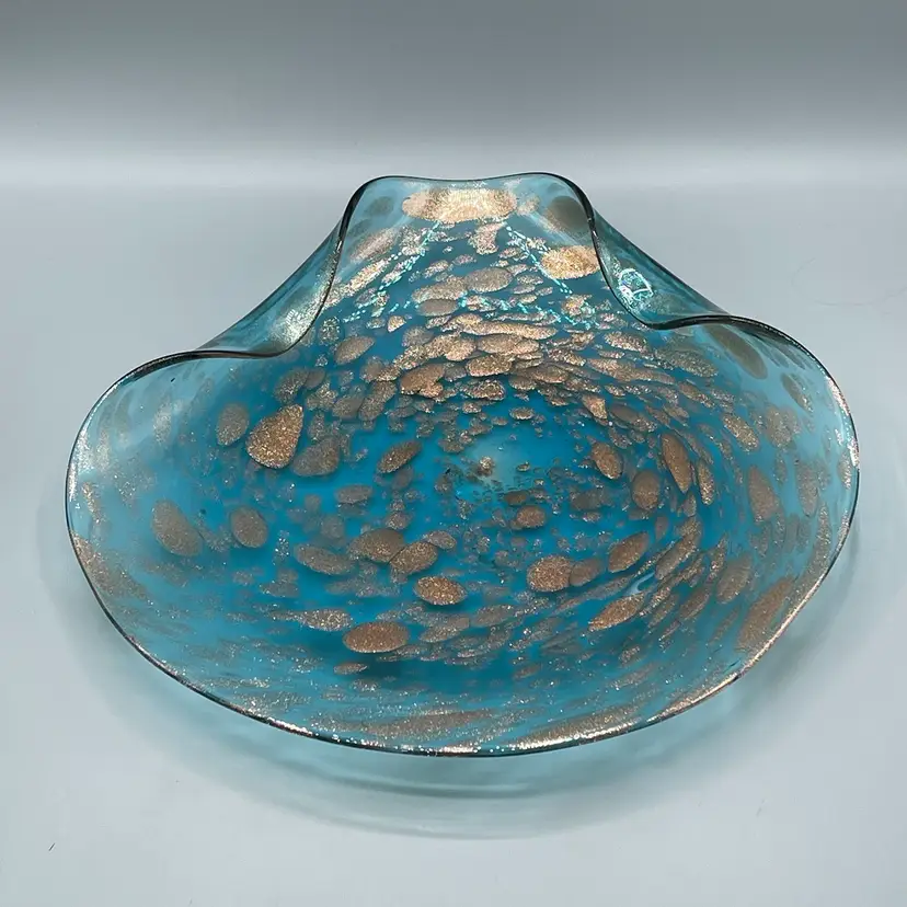 Large Murano Art Glass Blue Shell Aventurine Copper Flakes Console Bowl