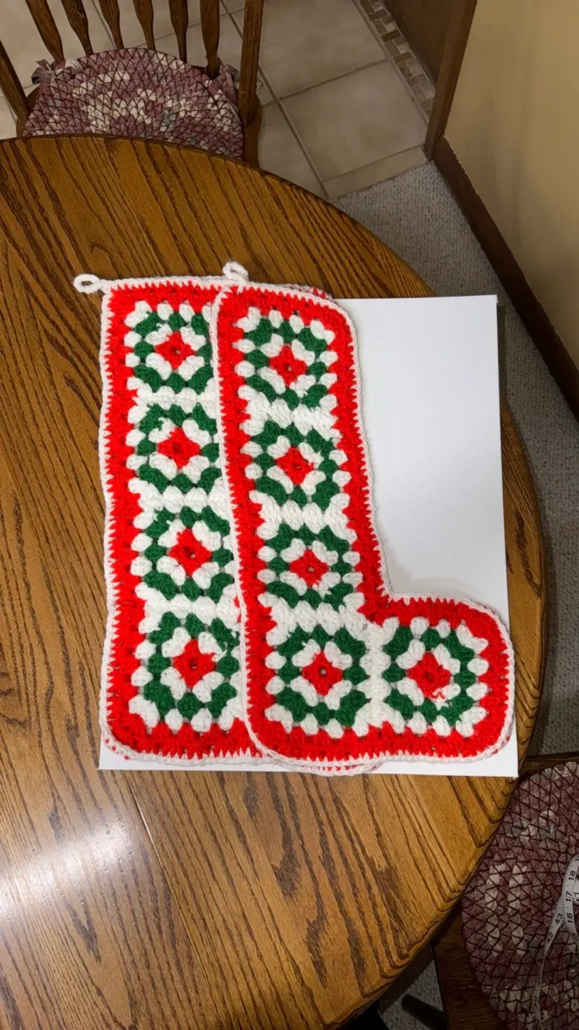 Crocheted Granny Square Christmas Stockings 20" w loops red green white