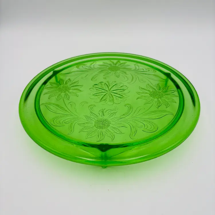 Vintage 1930s Jeanette Glass Sunflower Pattern Uranium Depression Cake Plate