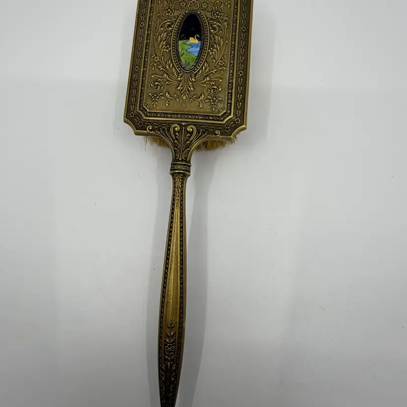 Antique Art Nouveau Ornate Vanity Hairbrush Enamel Swan In Pond Medallion