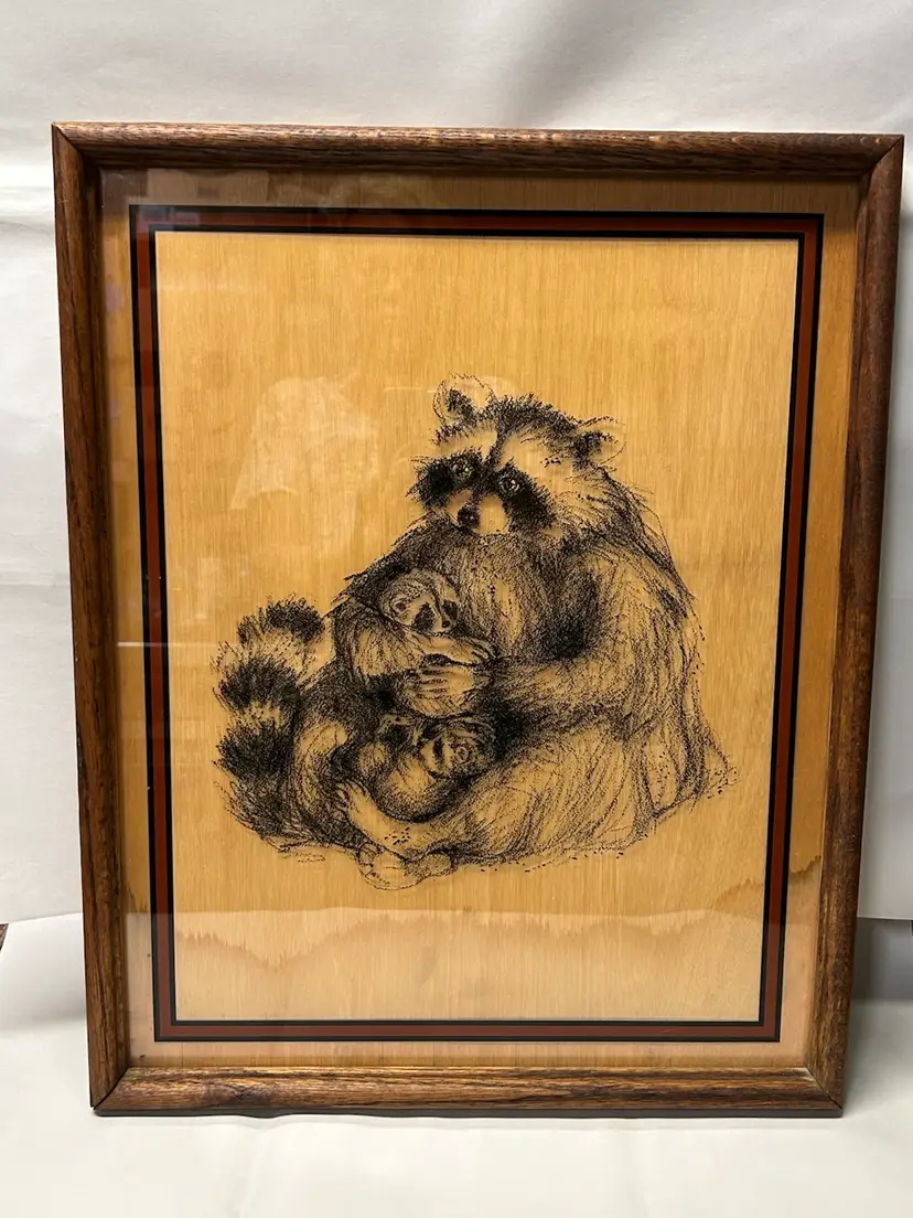 Vintage Verily Hammons Reverse Glass Painting Raccoons Artist Signed Wood Frame