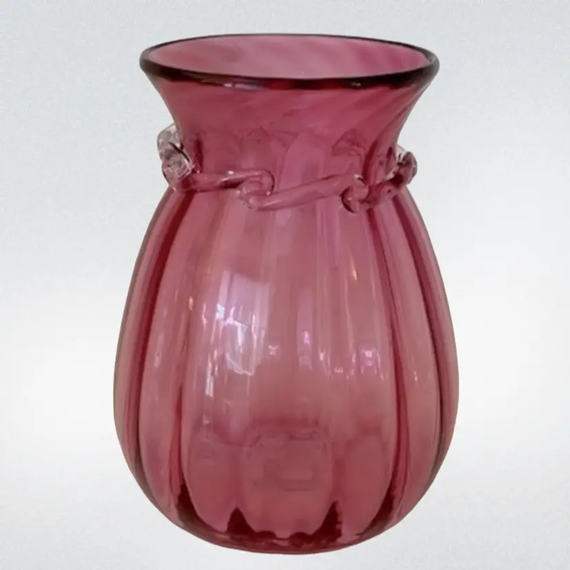Vintage, hand blown, cranberry glass vase with a clear glass, hand-applied ruffle.