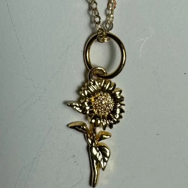 California Gold Poppy Pendant NecklaceWith Zircon Gemstone Dangles On Gold Filled Chain 18”