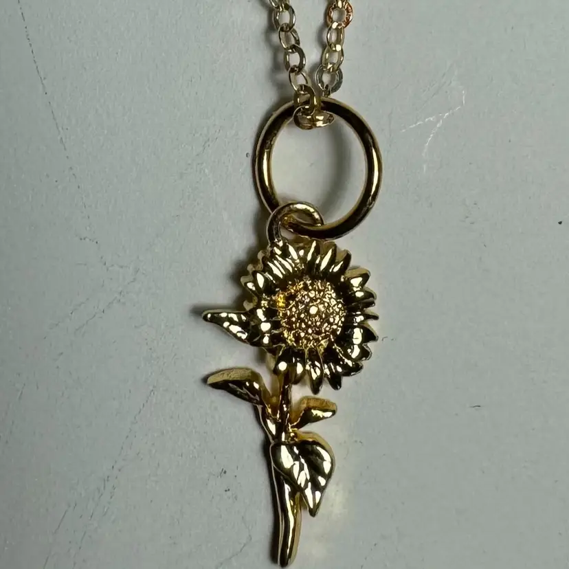 California Gold Poppy Pendant NecklaceWith Zircon Gemstone Dangles On Gold Filled Chain 18”
