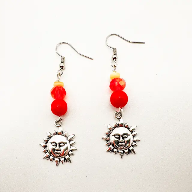 Sun Celestial Dangle Charm Earrings Orange Accent Beads Silver Tone 2.5
