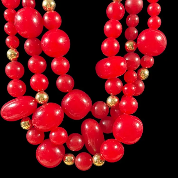 Liz Claiborne Three Strand Red Acrylic Beaded Necklace 17”