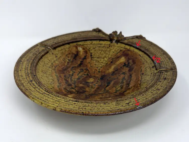 Rustic Stoneware Ashtray: 1970s Signed Studio Pottery, Earth Tone 10-Inch  (0238-25)