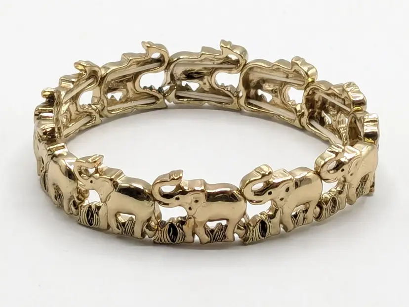 Gold Tone Elephant Stretch Bracelet Trunk Up Good Luck