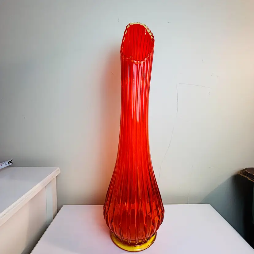 Vintage LE Smith Glass Swung Vase Broken Column Stretch 24 in MCM Persimmon