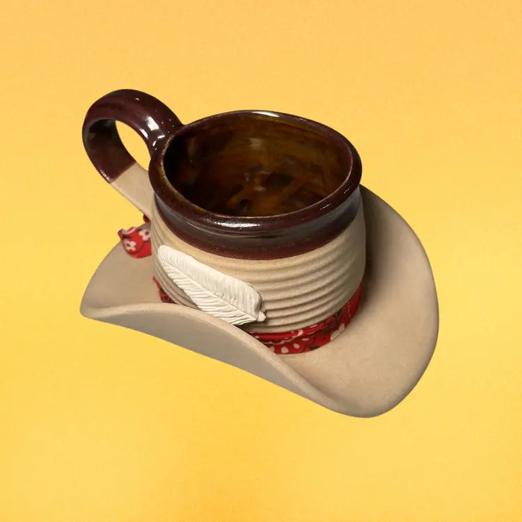 Vintage Muddy Waters Pottery 1980s Cowboy Cowgirl Hat Western Coffee Mug 4" tall