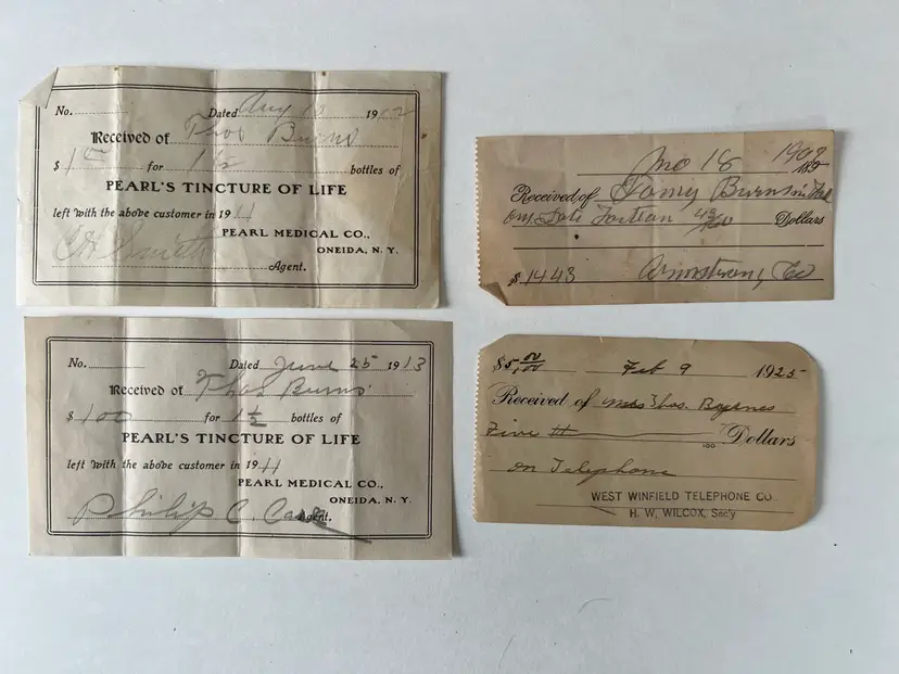 Early 1900s Antique Receipts. Payment Received Ephemera Telephone Company, Tincture Receipts