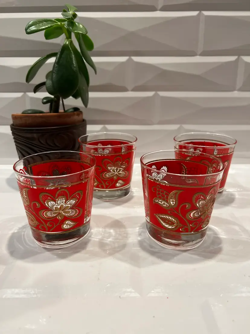 Set of 4 Vintage Mid Century Red Raised Gold Floral Whiskey Old Fashion Glasses