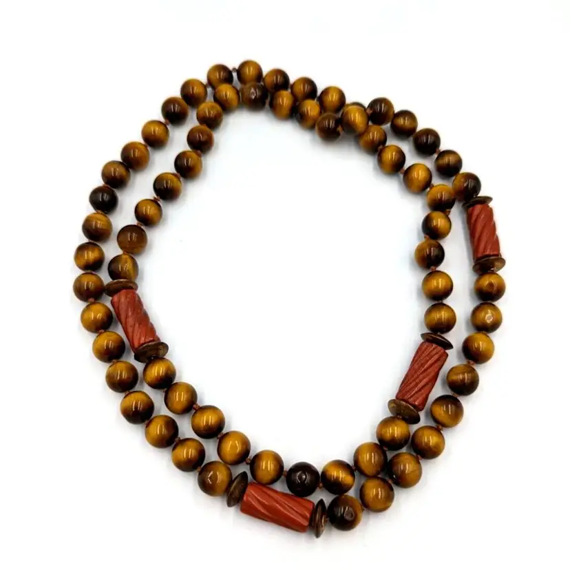 Tiger's Eye Terracotta Jasper Beaded Necklace Vintage 32 In Long Silk Knotted