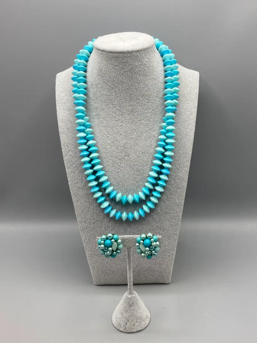 Vintage Light Blue 2 Strand Necklace with Clip-on Earrings Set - Made in Japan