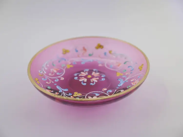 Czech Hand-Painted Cranberry Glass Dish