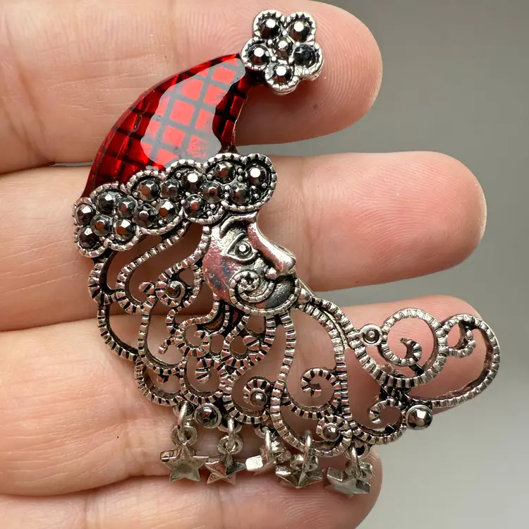 Vintage Enamel & Marcasite Santa Moon Pin Brooch Dangle Stars Silver Tone