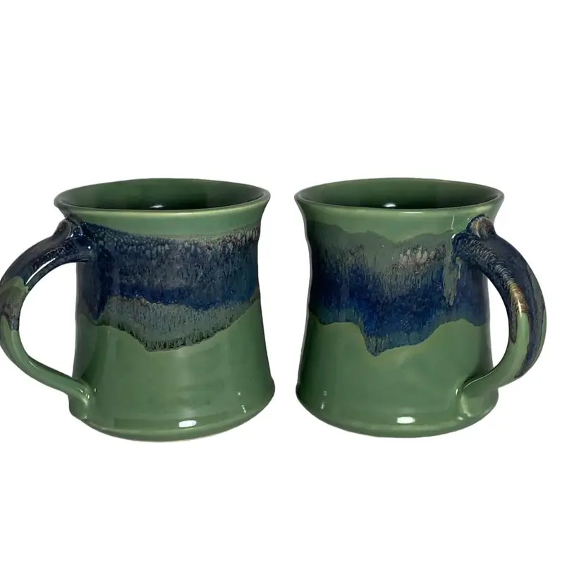 Neher Handmade Pottery (2)Clay In Motion Green Blue Drip Glaze Mugs 16oz. Signed 2019 Oregon