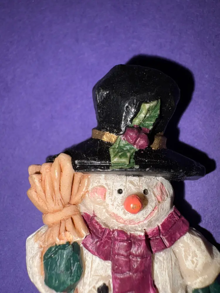 Vintage Christmas Snowman Tack Pin ~ Resin With A Black Top Hat And Dark Red Scarf ~ Carrying A Broom ~ Adorable