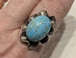 Vintage Sterling Silver Ring with Sky Blue Art Glass Cabachon, Size 7.75