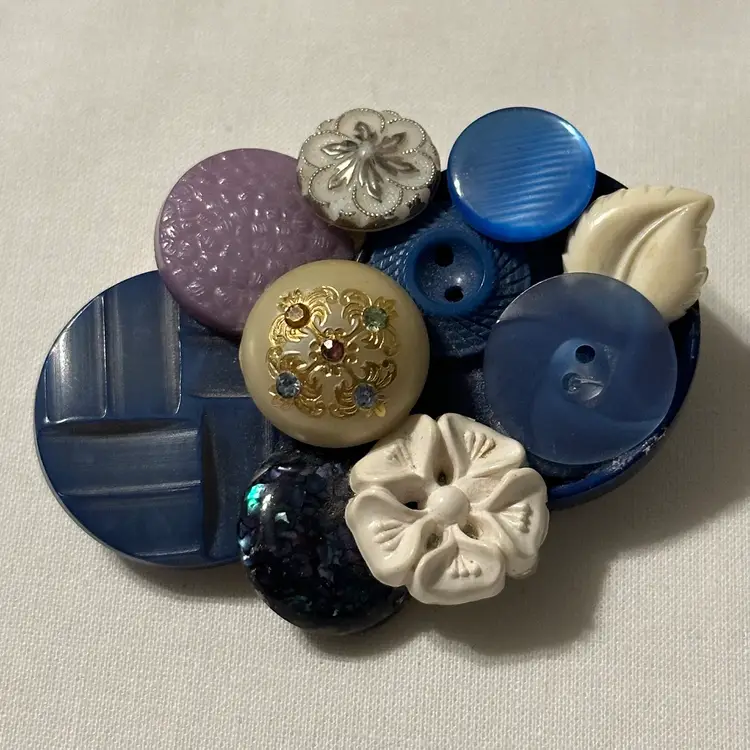 Vintage Handmade Brooch With Blue White Purple Buttons
