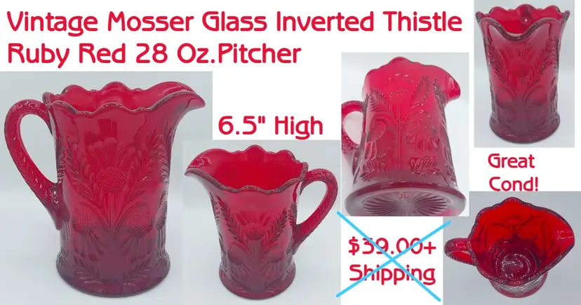 #01 Vintage Mosser Glass Inverted Thistle Ruby Red 28 oz. Pitcher