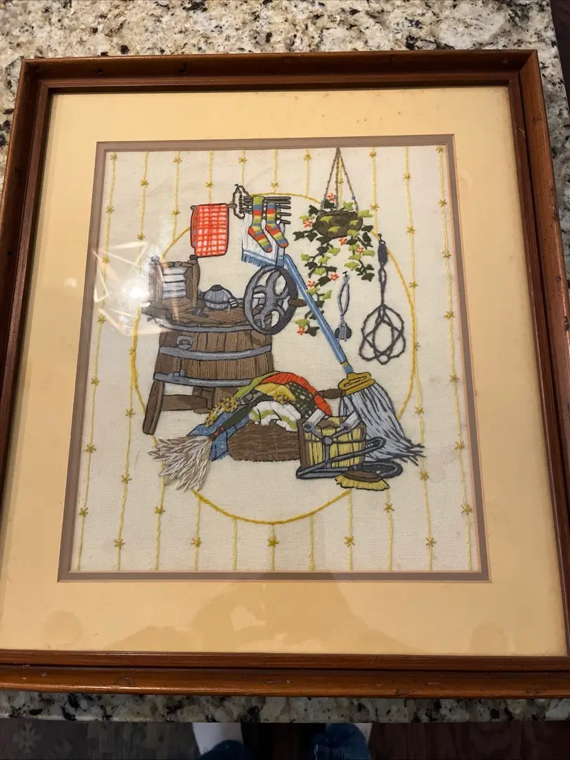 VTG Fun 🧹 Laundry Room Crewel Art 18x16 “A Womens Work” 1982  Matted &Framed 🧺