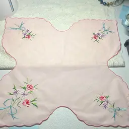 Beautiful Embroidery Dollie With Pink Roses And Purple Flowers And Colors Of Green And Blue.