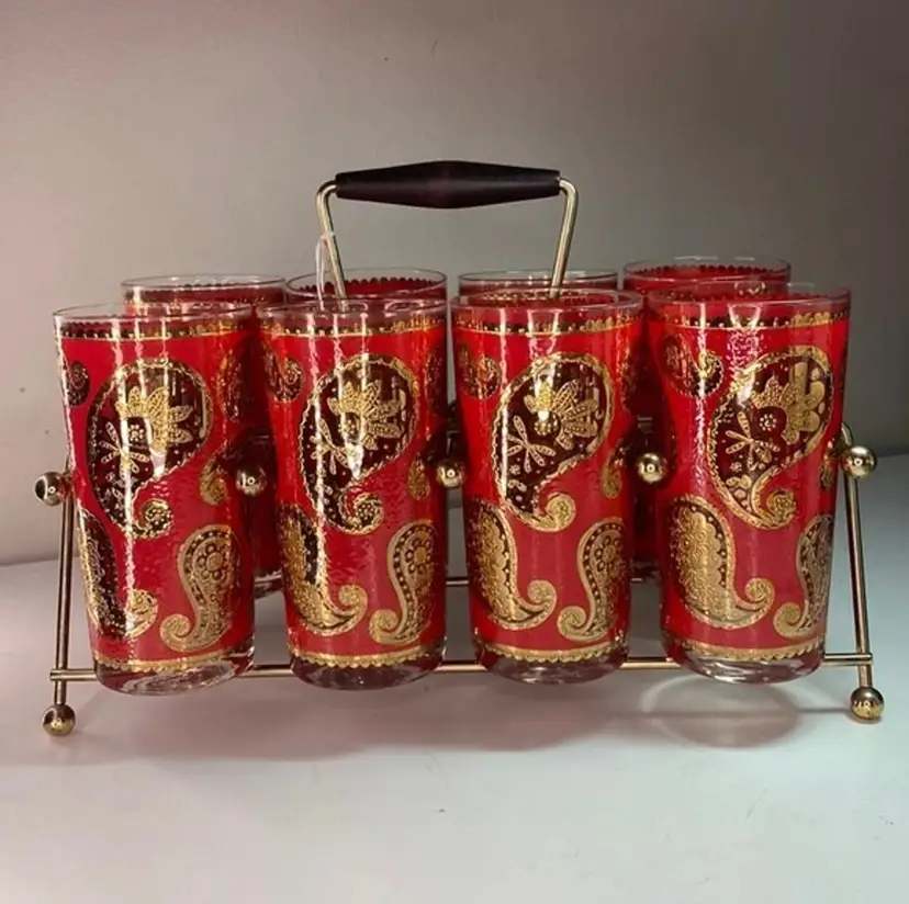 Culver Mid-Century Red & 22-Karat Gold Paisley Bar Set (8 Glasses and Carrier)