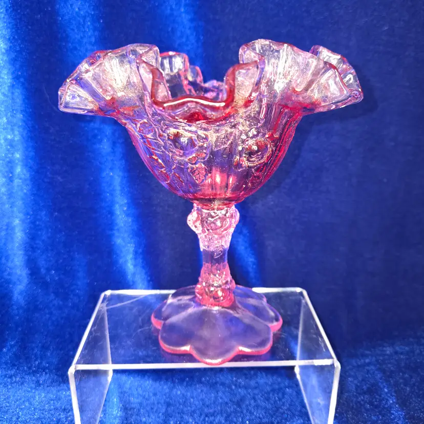 205  Fenton Cabbage Rose Compote 1960s Ruffled Crimped Rim